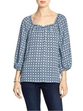 Banana Republic Blue Geometric Square-Neck Blouse